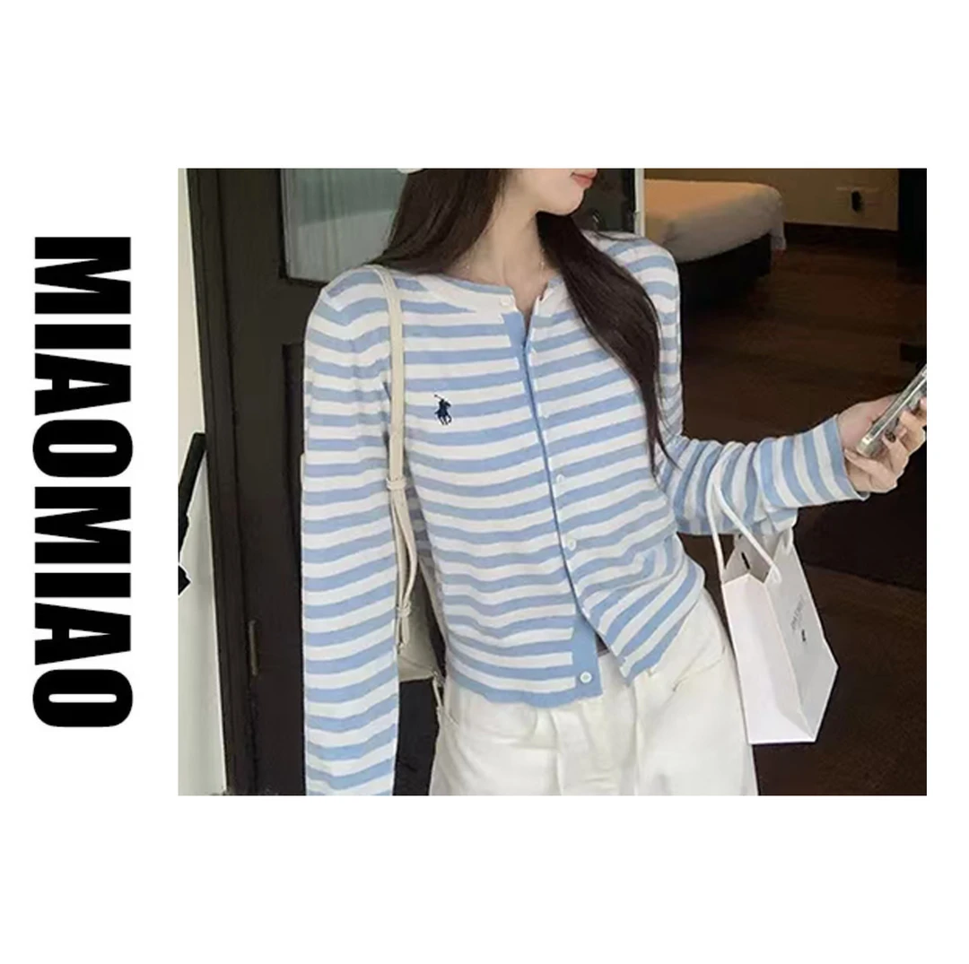 【大码】【苗苗精选】刺绣条纹圆领针织上衣女休闲显瘦百搭秋987