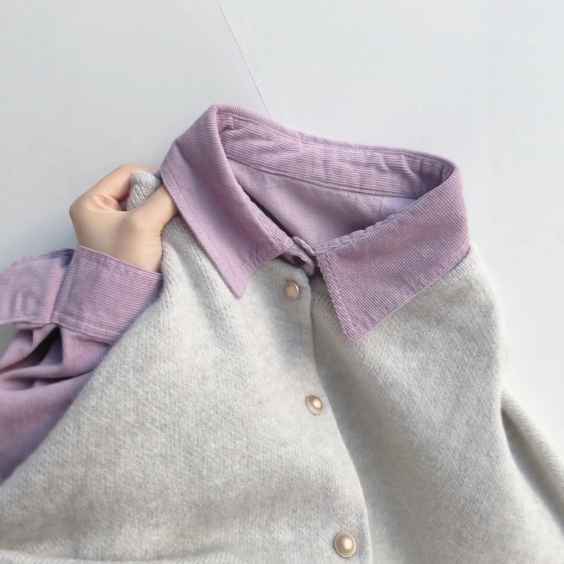 日系复古灯芯绒翻领衬衫叠穿针织坎肩马甲两件套ins秋季新款穿搭