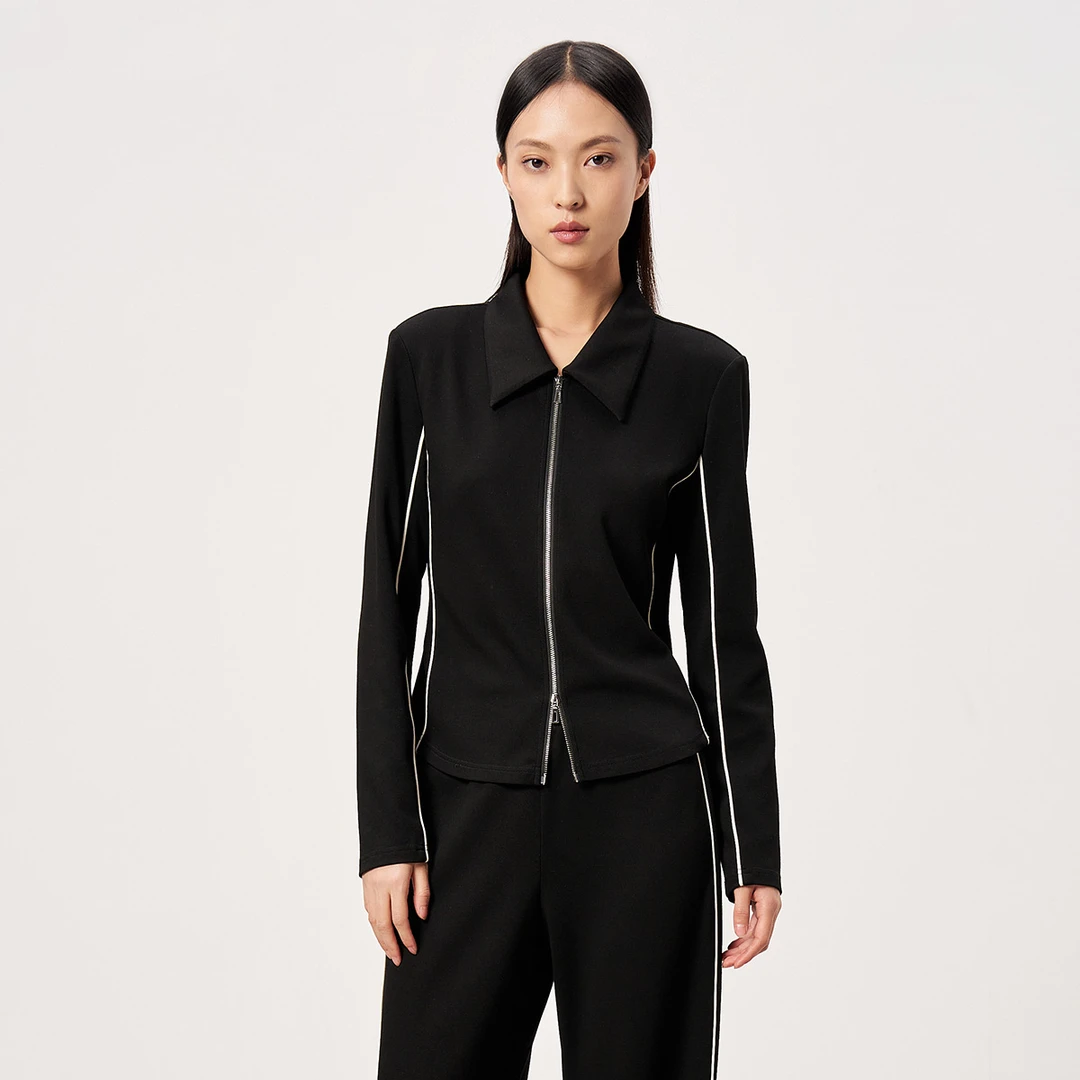 【达人专属】春季新款拉链翻领运动风针织开衫外套女上衣F366078