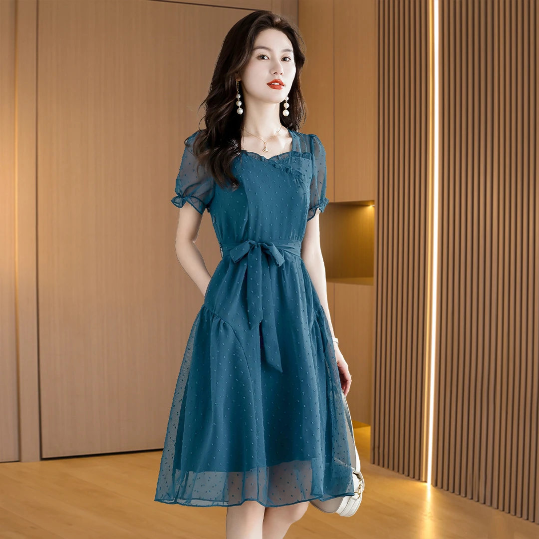 雪纺纱料女装女夏季新款高档洋气减龄收腰显瘦气质裙子复古品牌