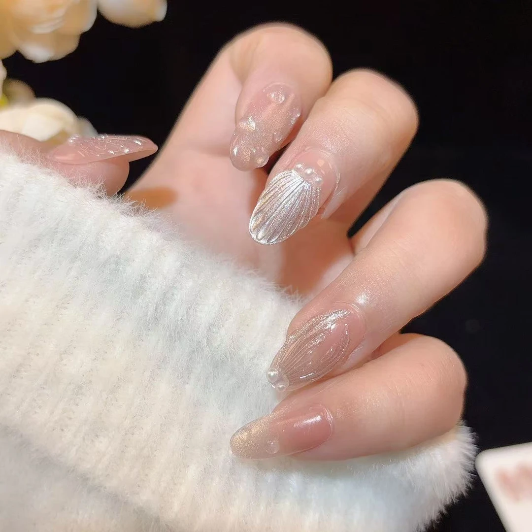 人鱼泪·粉 纯手工穿戴甲清透裸粉感ins风立体猫眼美人鱼尾短款