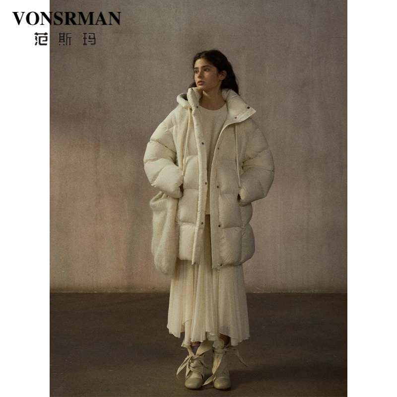 VONSRMAN保暖茧型宽松中长羽绒服女2025冬季新款经典泡芙连帽外套