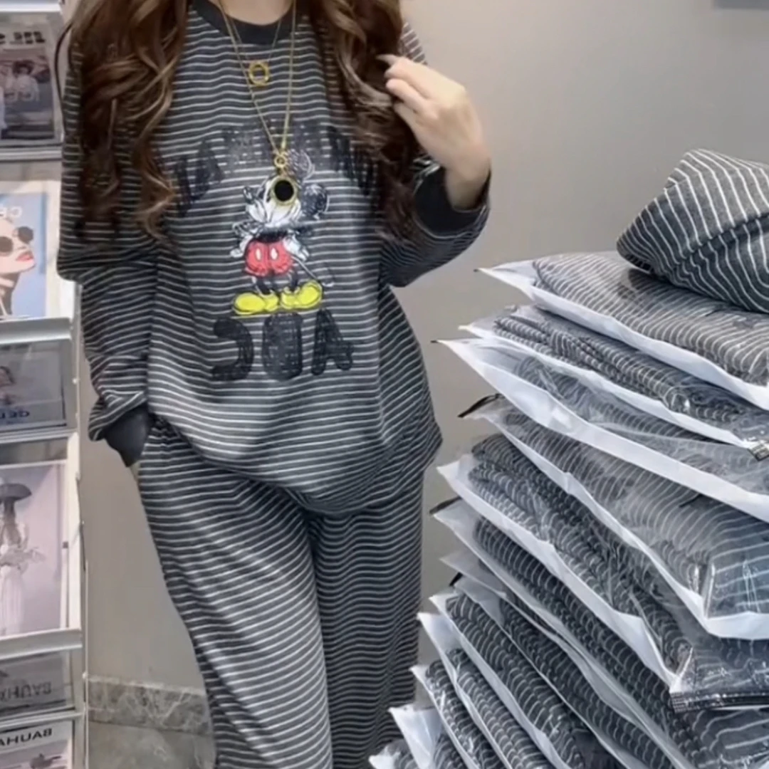 秋季新款条纹卡通米奇家居服睡衣套装女