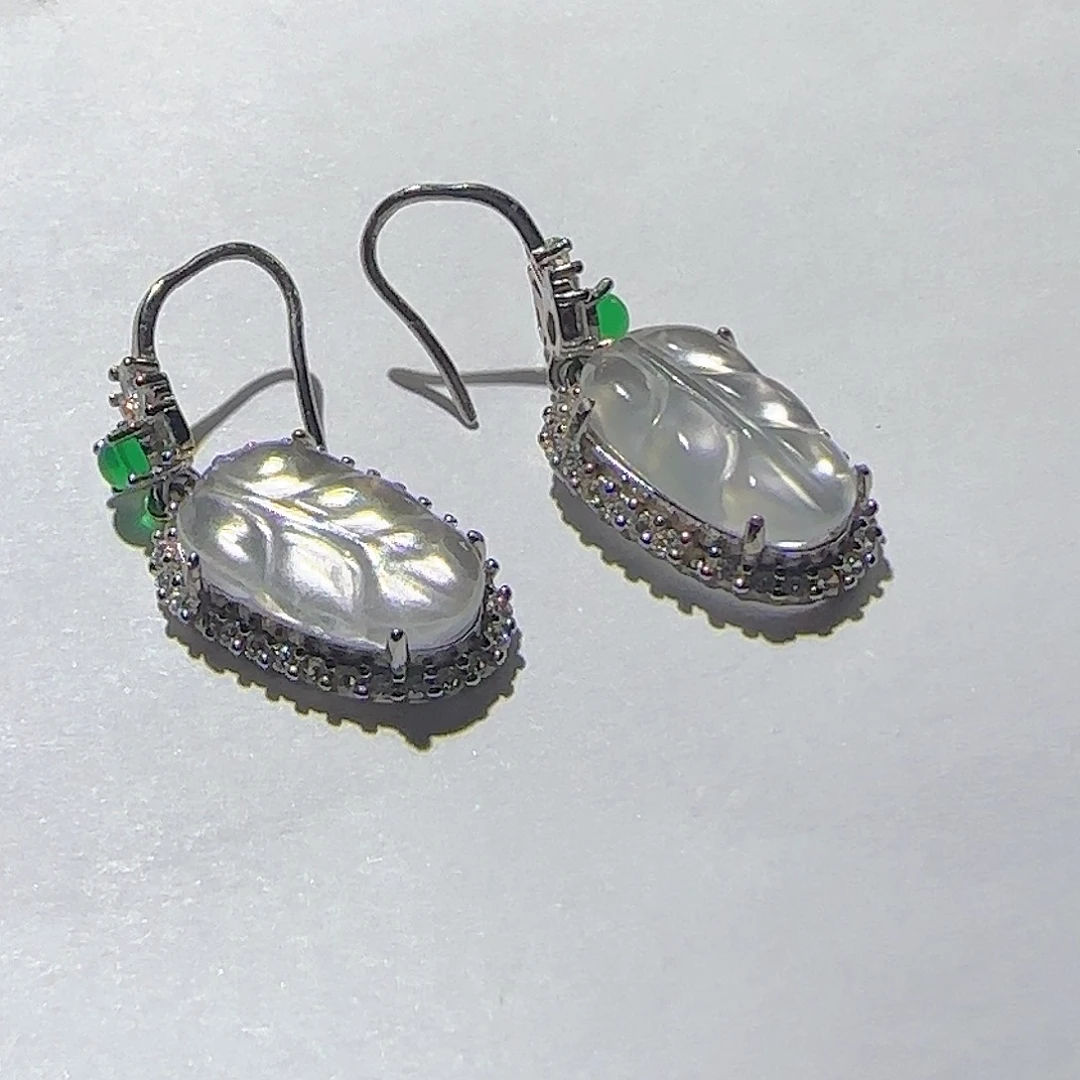 长石玉银S925镶嵌耳钉