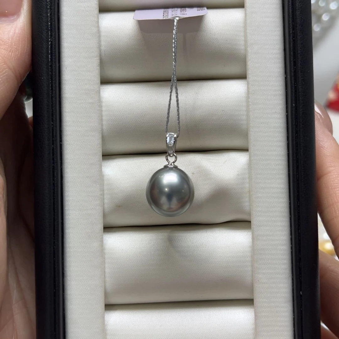 银S925镶嵌海水珍珠漏大溪地瓜子吊坠12-13mm