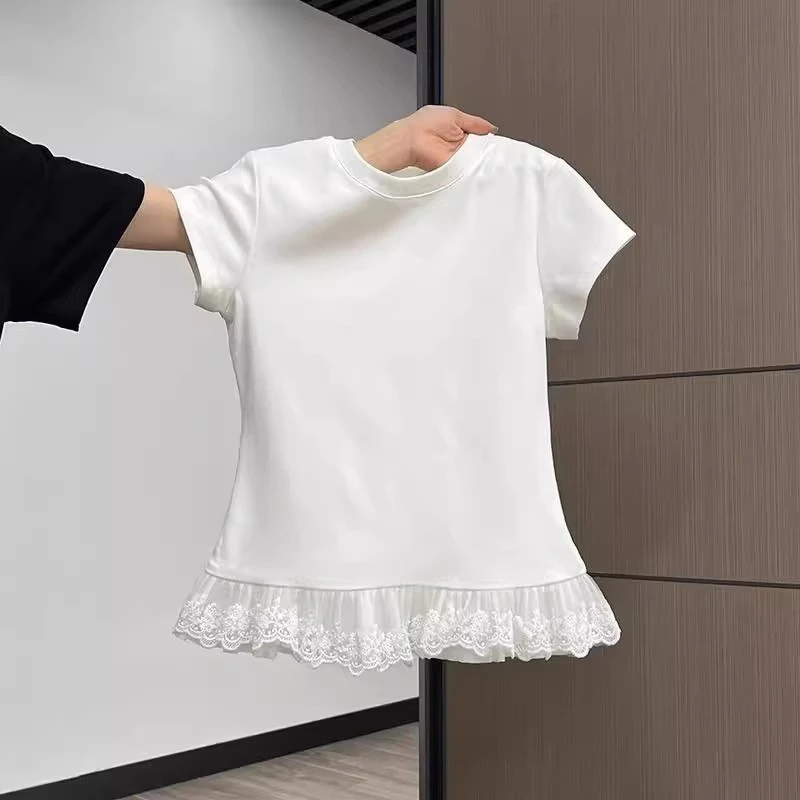 芊芊芙甜辣妹蕾丝花边圆领短袖t恤女装夏季新款纯欲内搭叠穿上衣