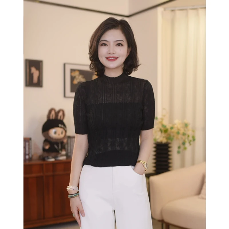 枫竺阿楠anan100强捻棉小半高领暗纹气质短袖T恤女春百搭针织上衣