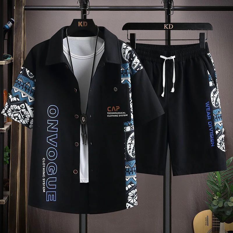短袖衬衫套装男夏季宽松加肥加大码拼接休闲五分袖衬衣短裤两件套