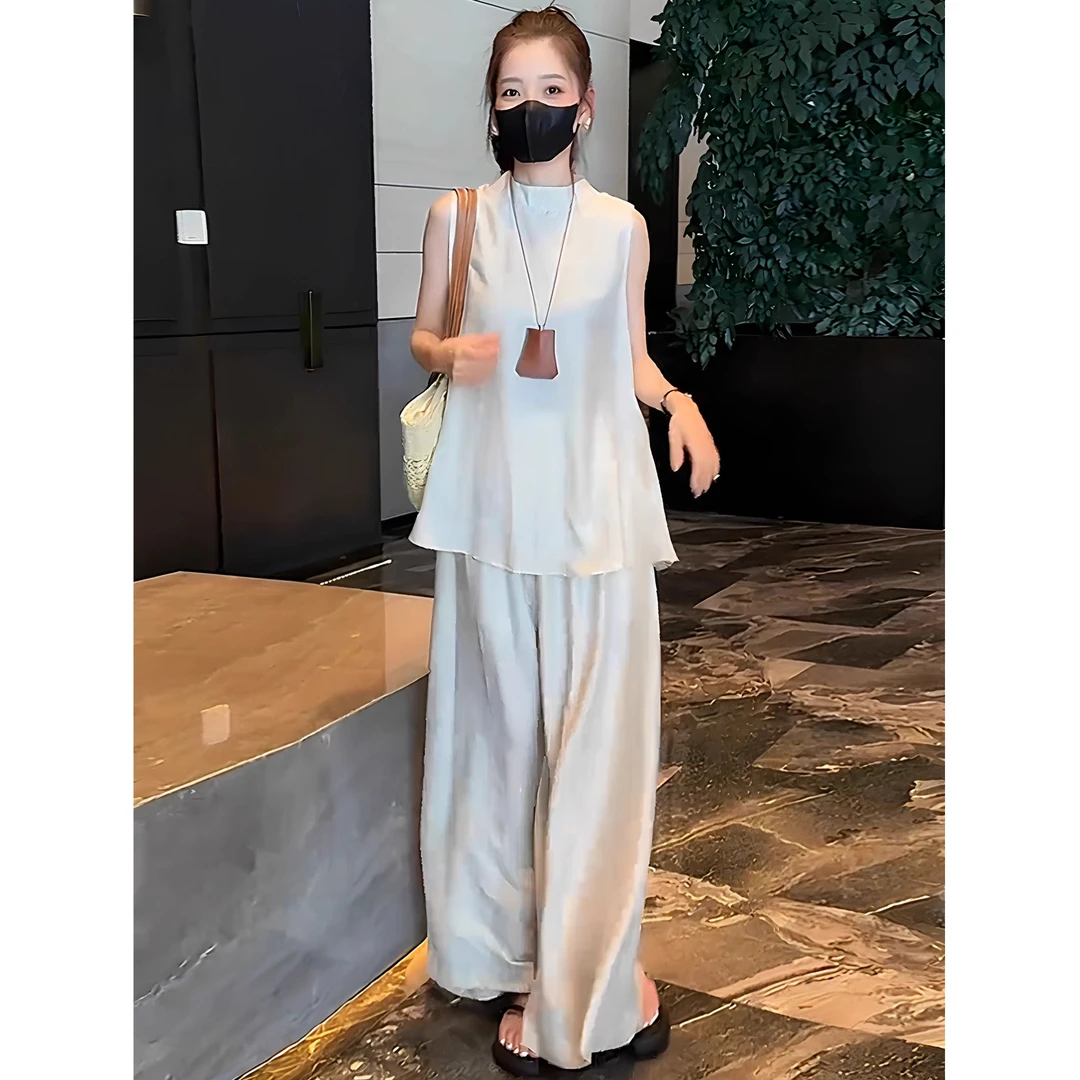 时尚套装女夏季新款洋气宽松显瘦高级感圆领无袖上衣阔腿裤两件套