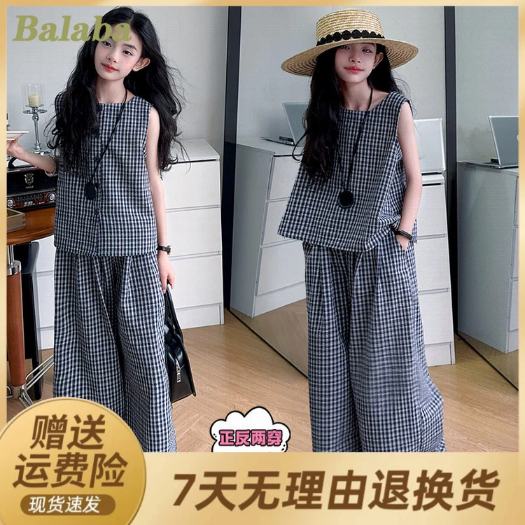 新品巴拉巴拉女童正反两穿格子套装韩版童装休闲无袖阔腿裤两件套