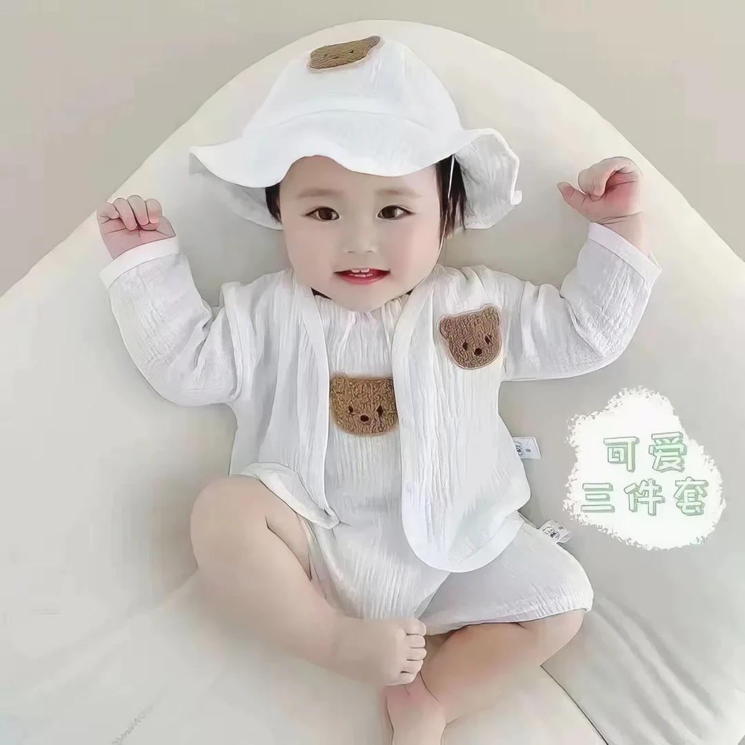 （萌）2025新款宝宝夏装纱布背带裤薄款带帽吊带新生儿连体哈衣