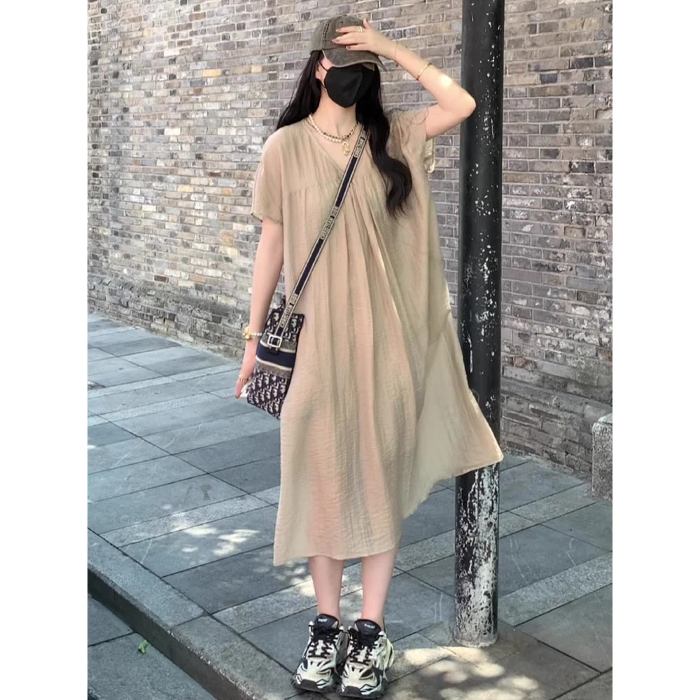 法式复古过膝气质V领连衣裙女夏慵懒风宽松大码宽松休闲懒人裙子