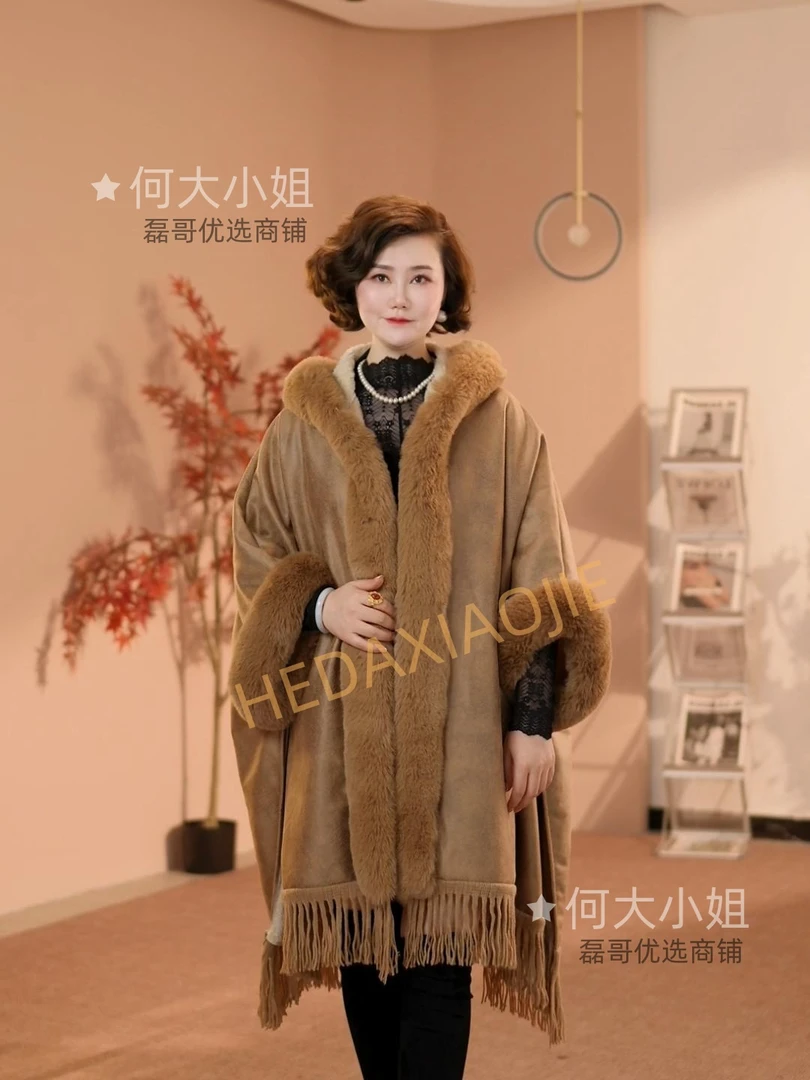 中长款保暖连帽宽松秋冬加绒外套时尚休闲毛领披肩9041