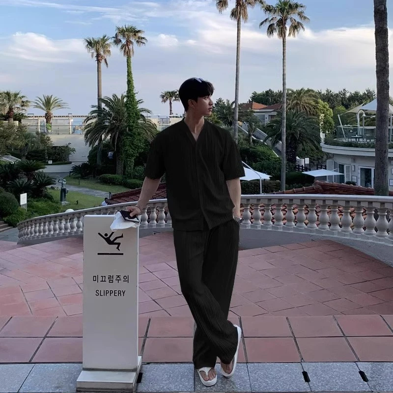 仓石一树轻奢冰丝凉感休闲运动套装男士夏季短袖衬衫痞帅配一整套