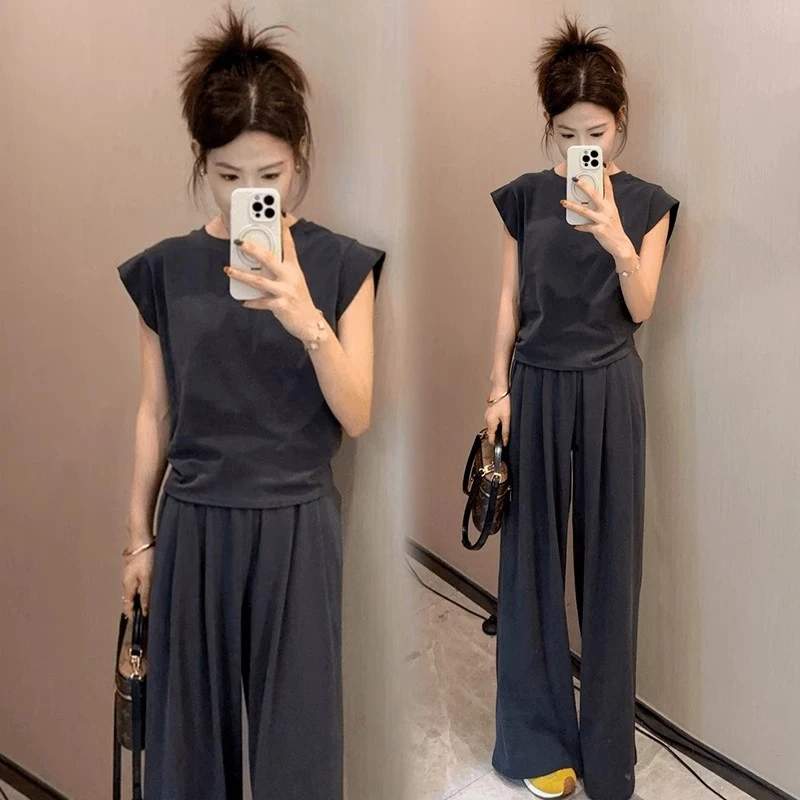 时尚套装女2025夏季新款洋气减龄小飞袖T恤显瘦阔腿裤气质两件套