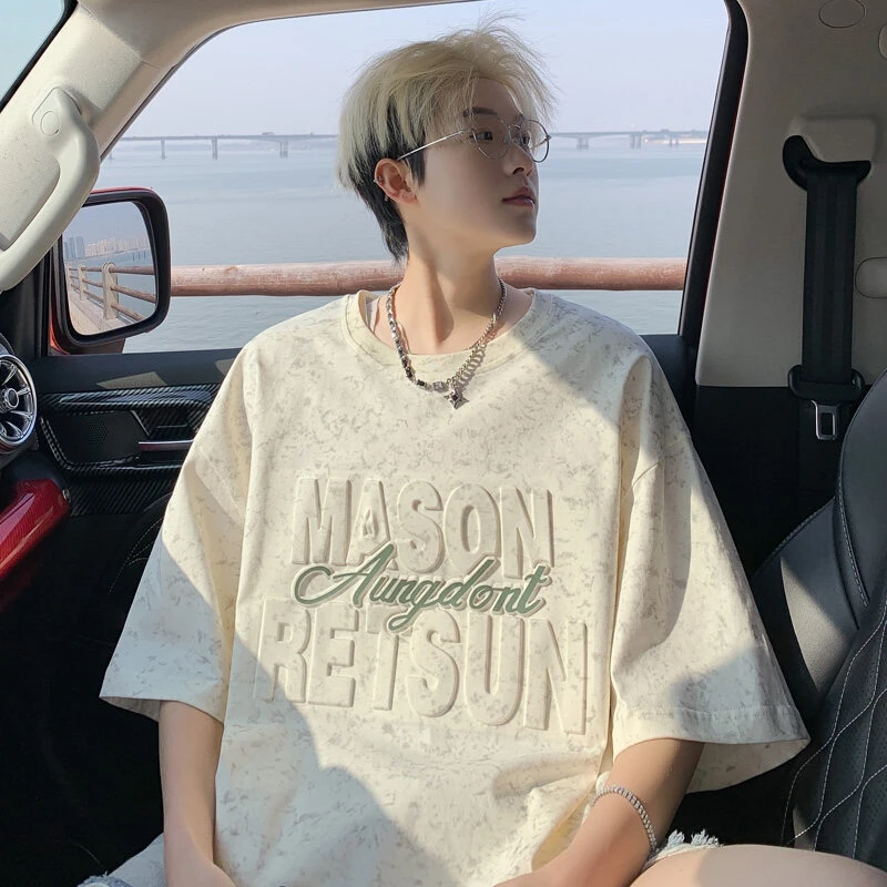 MXY夏季宽松百搭圆领短袖男款钢印半袖设计感美式潮流风体恤上衣