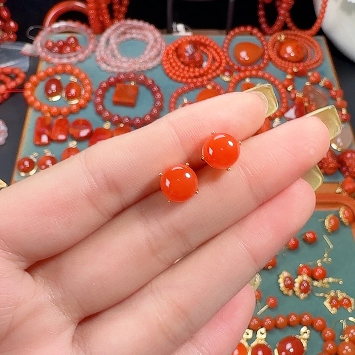 南红玛瑙银S925镶嵌8+耳饰