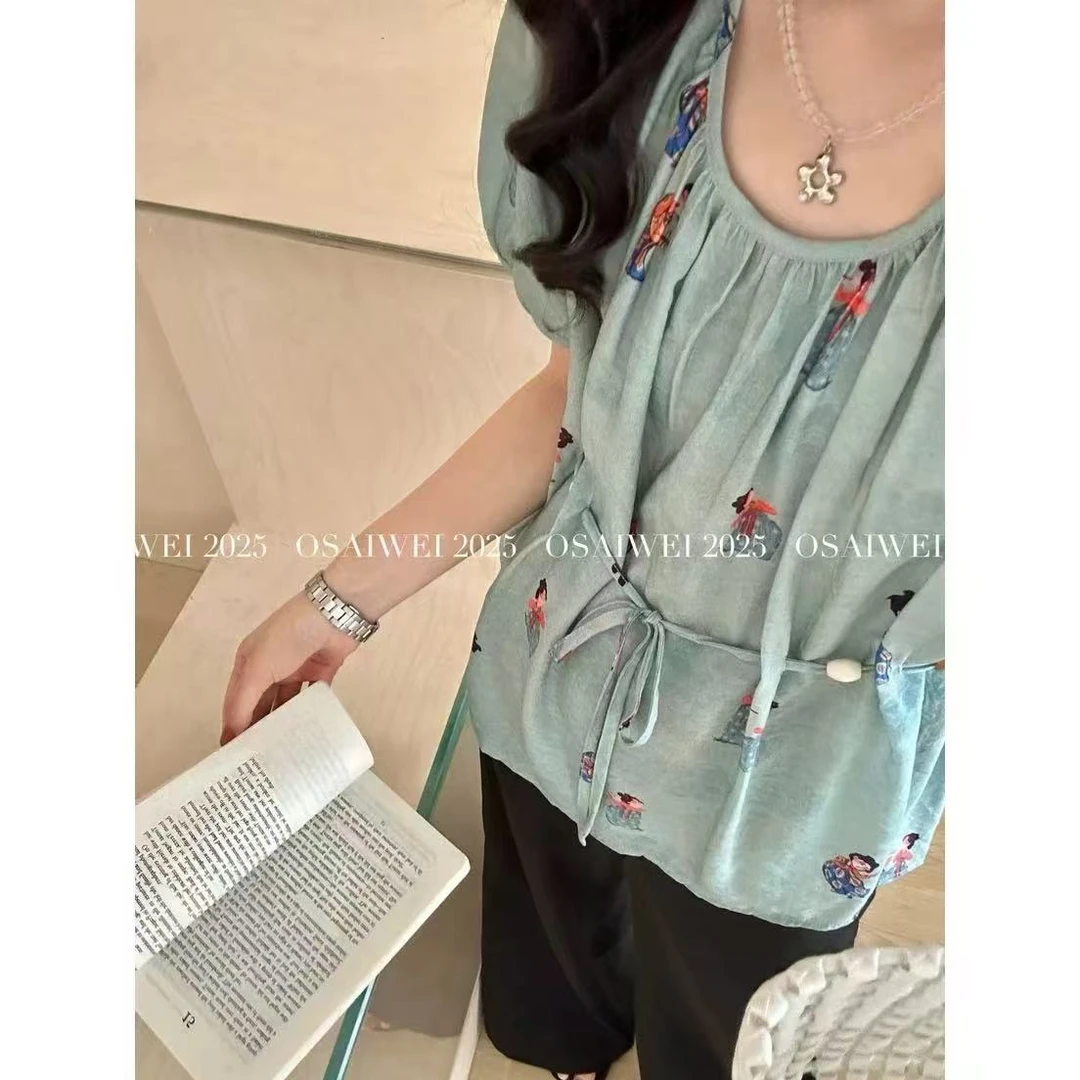 夏上新国风印花泡泡袖抽褶小衫H160