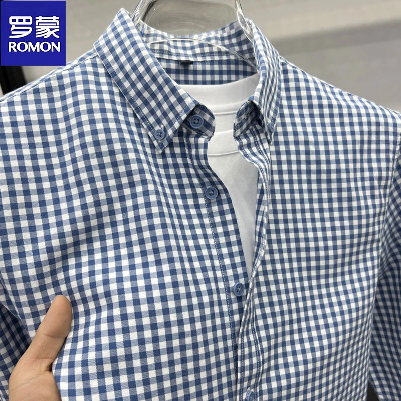 【莱赛尔+棉】罗蒙正品秋季长袖衬衫男士上衣时尚韩版格子衬衣外套