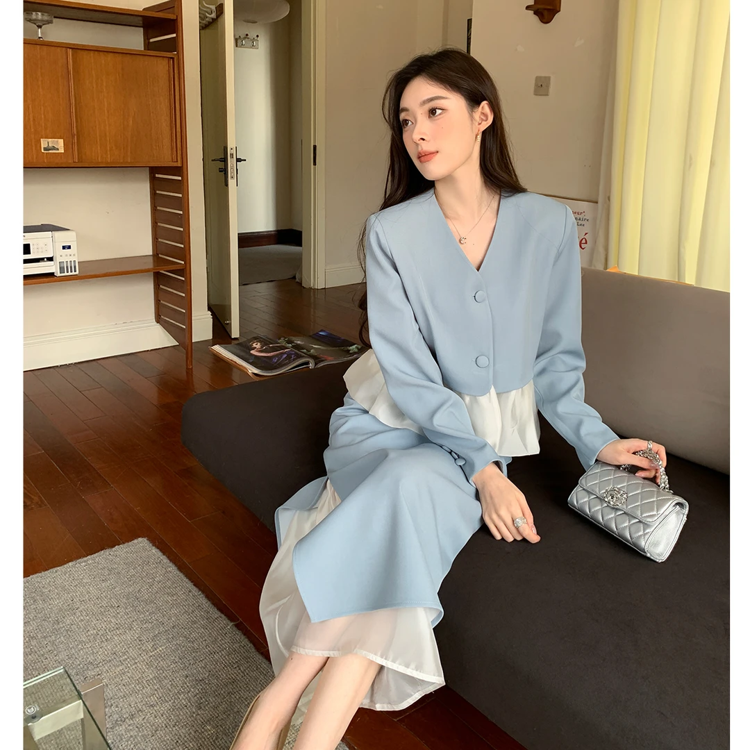 GERTCOREL2026新款春季气质经典蓝色拼接西装外套长裙通勤套装