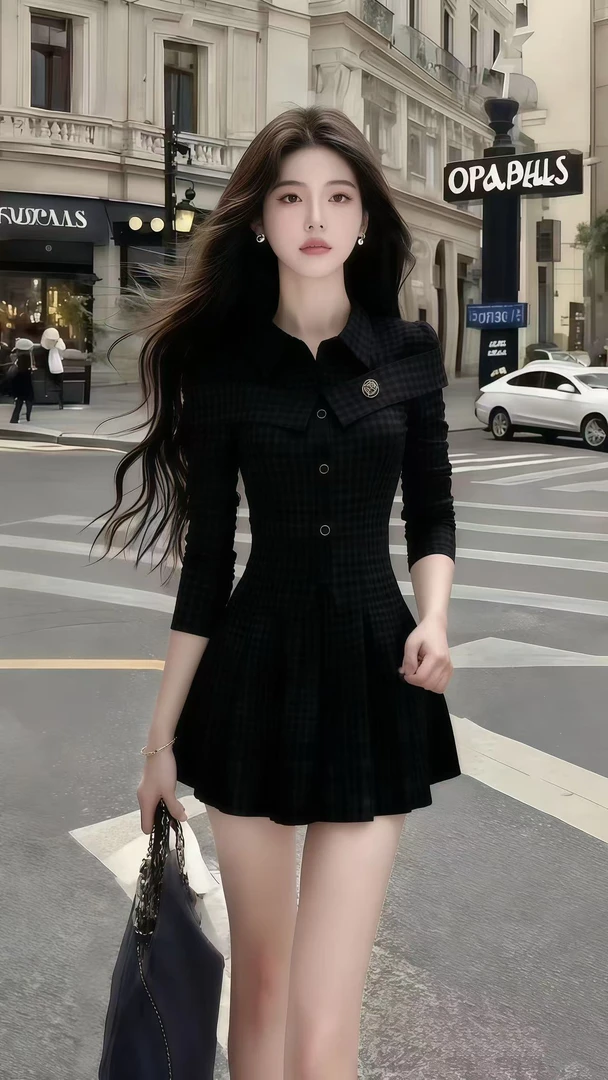 新款显瘦休闲风穿搭黑色长袖衬衫领修身收腰设计感格子连衣裙女