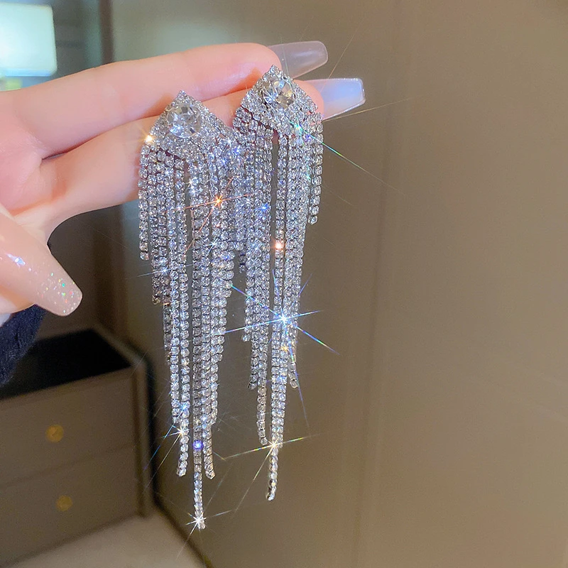 925银耳饰 超闪轻奢风锆石长款流苏银针耳环欧美时尚网红气质高级