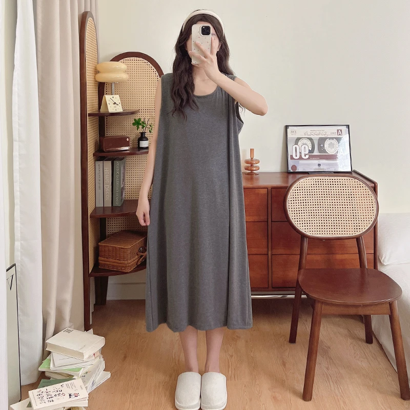 加大码背心睡裙女夏季薄款彩棉休闲宽松睡衣裙孕妇家居服胖MM