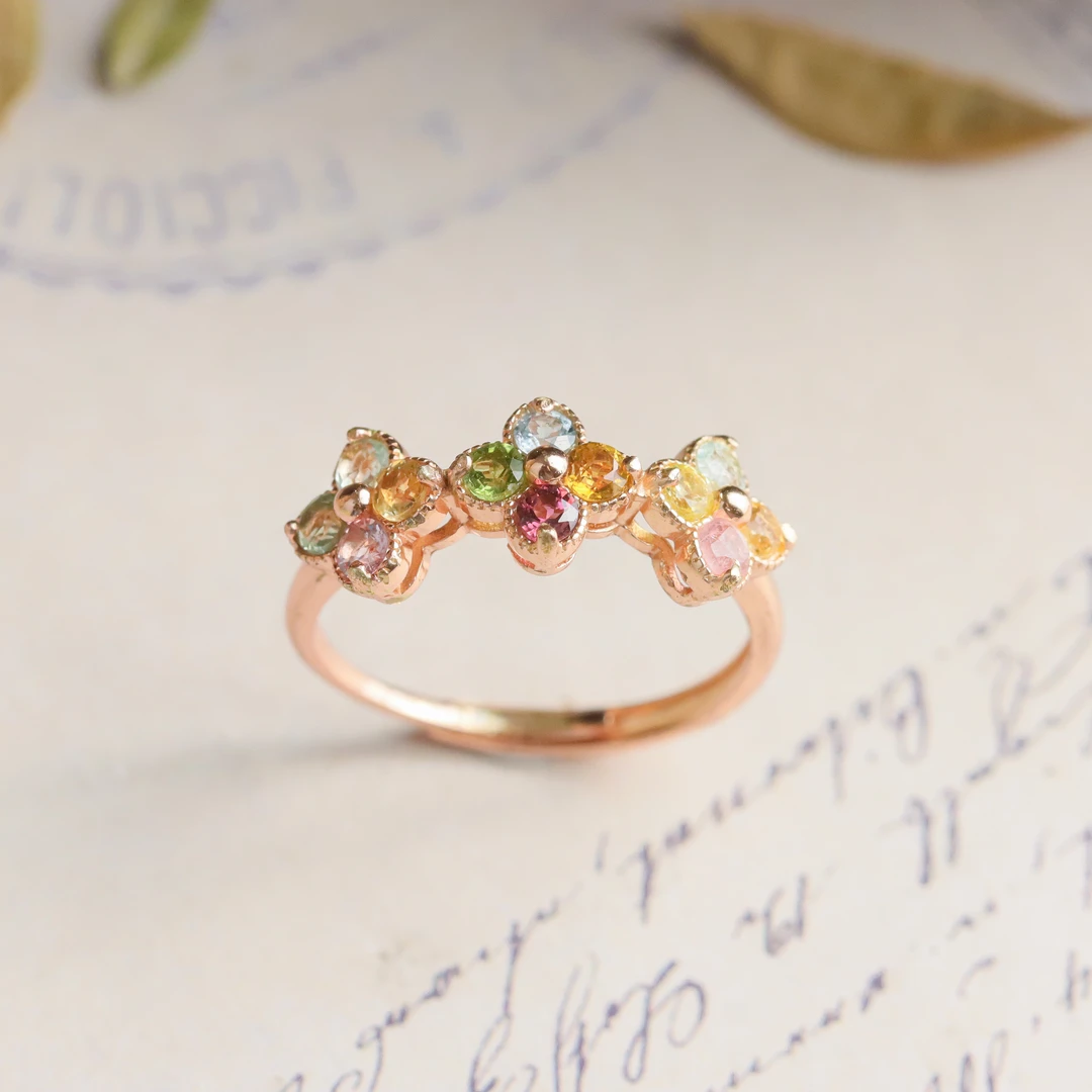 S925银玫瑰金镶嵌碧玺四叶草民族风小众送礼女款戒指