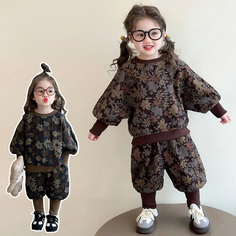 韩版儿童套装2025春秋季男女童洋气碎花卫衣卫裤两件套炸街兄妹装