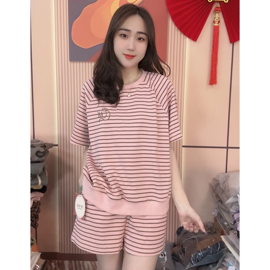 夏季女款纯棉睡衣可爱圆领短袖短裤休闲家居服套装（粉条纹字母）