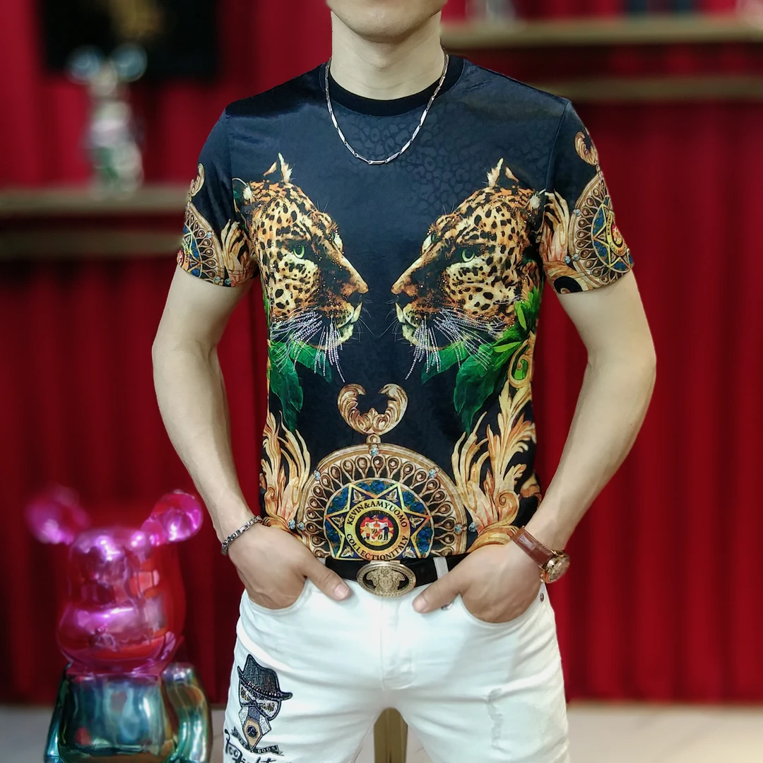 欧货2025男士夏季新款时尚数码印花霸气虎修身冰丝短袖T恤潮8905