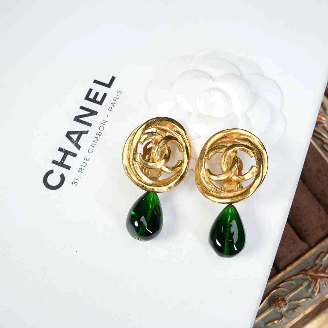 95新 Chanel/香奈儿 柚礼中古/香奈儿素金双c绿琉璃耳夹le508039