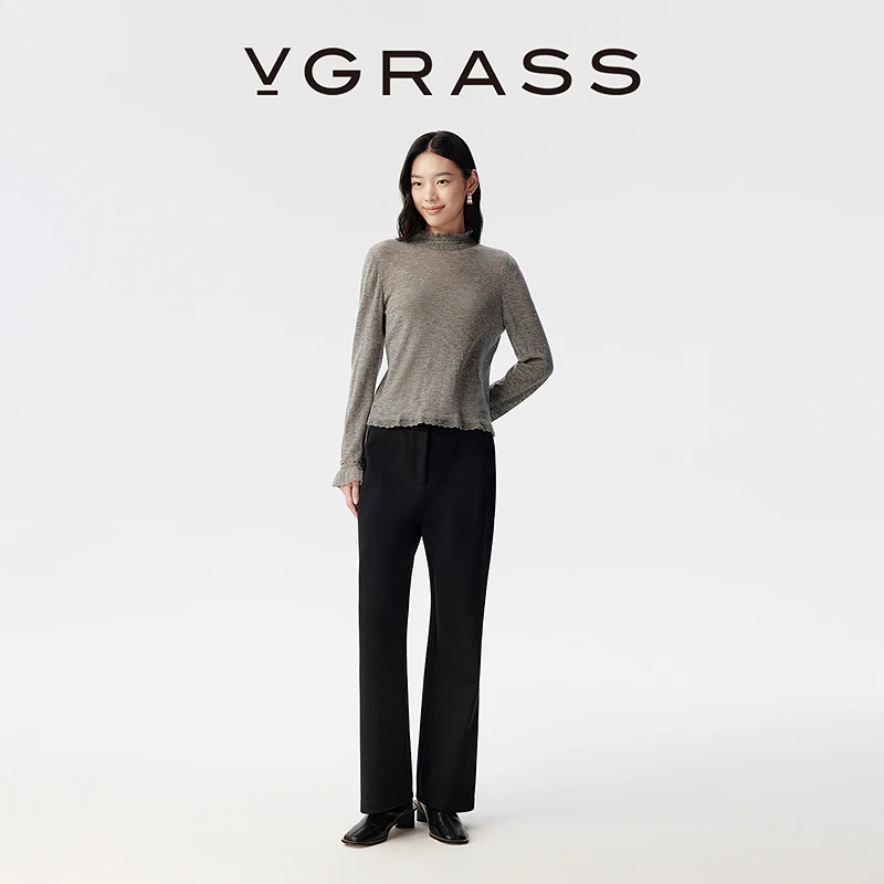 【WISH系列】VGRASS25早秋新款厚弹力羊毛混纺罗马布修身直筒裤
