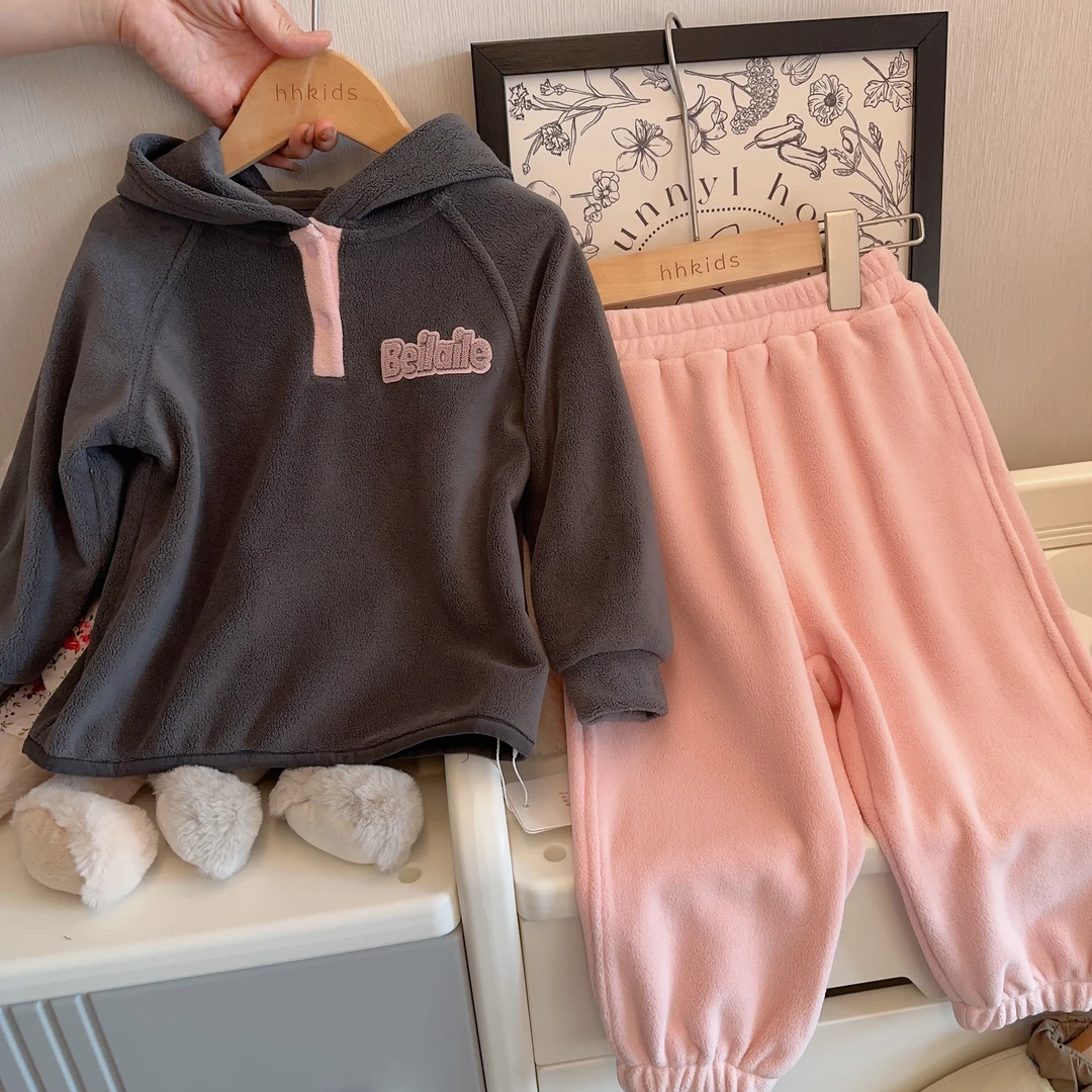 HHkids女童冬装卫衣外套加绒加厚2024女宝长裤休闲裤套装FTZ629