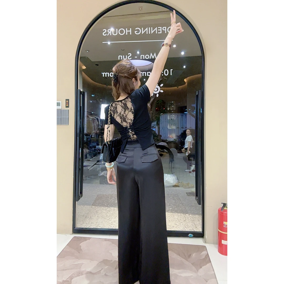 涵儿家 后背蕾丝拼接款短袖弹力T恤 VS 高腰花边蕾丝缎面阔腿裤