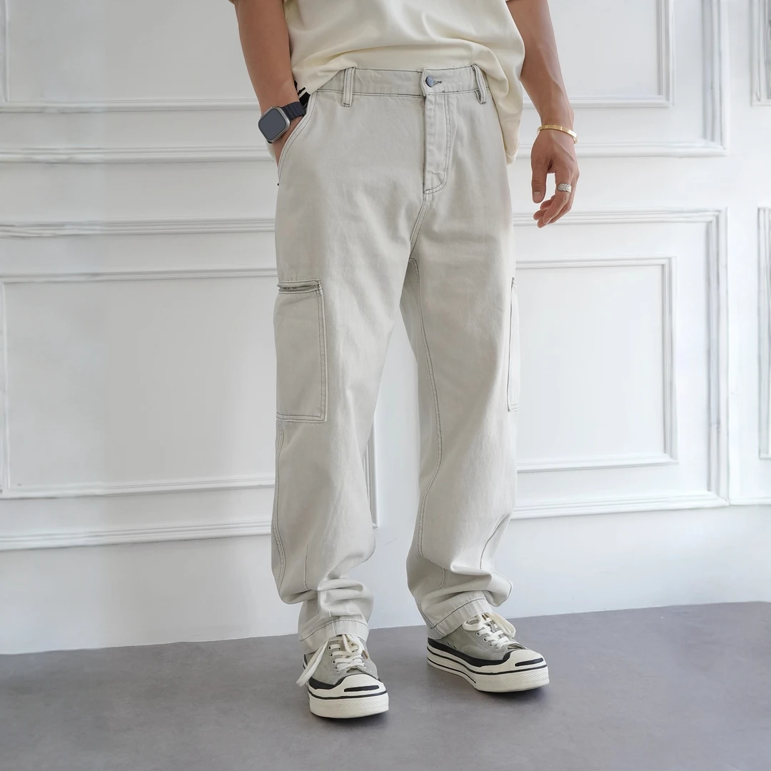 港风潮牌贴袋设计重磅纯棉牛仔裤男秋冬新款简约百搭松紧腰阔腿裤