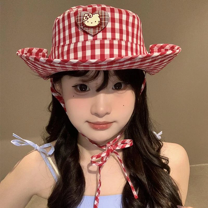 可爱Kitty猫红色格子渔夫帽女春夏季遮阳防晒帽子盆帽新款登山帽