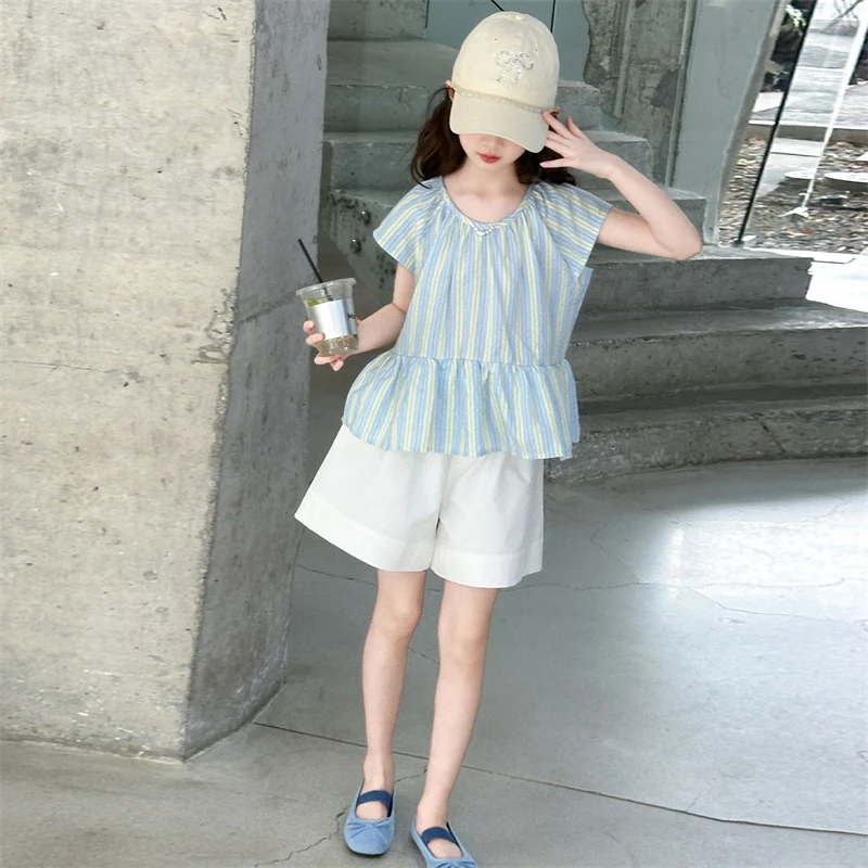 女童夏装荷叶边娃娃衫套装韩系洋气2025新款中大童两件套夏季潮酷