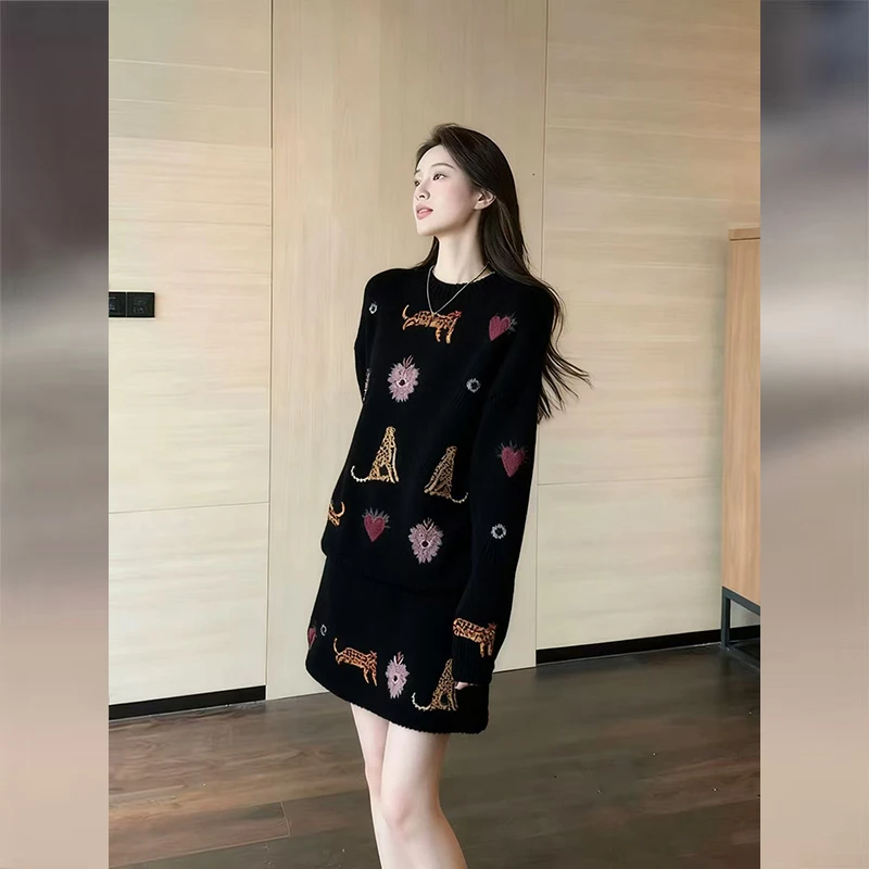 黑色提花毛衣套装女2025新款针织上衣半身裙两件套秋冬穿搭一整套