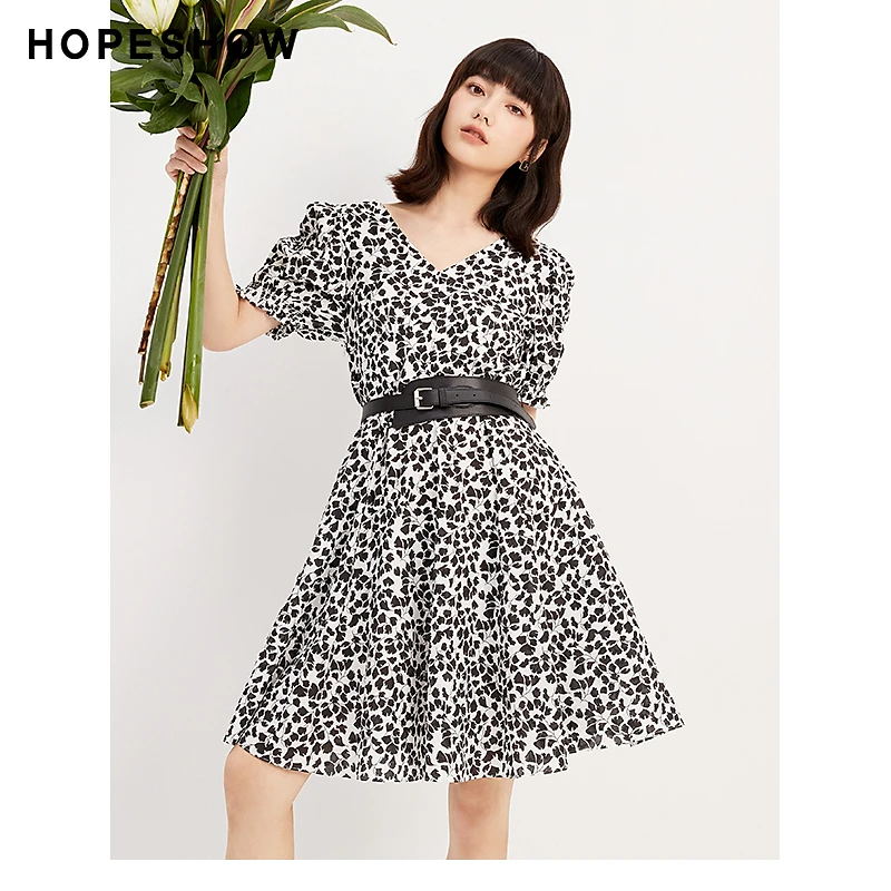 红袖夏季设计感新款女装印花收腰V领套头连衣裙89123171611