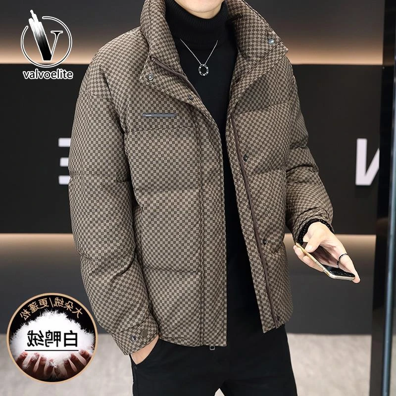 VALVOELITE新款格子羽绒服男士冬季时尚立领夹克加厚保暖防寒外套