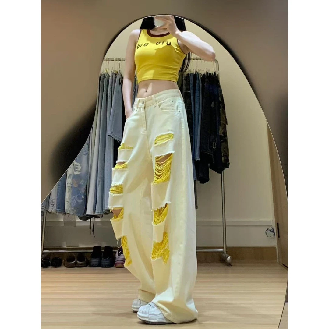 高街黄色破洞牛仔裤女夏季设计感不规则小众辣妹宽松阔腿拖地长裤
