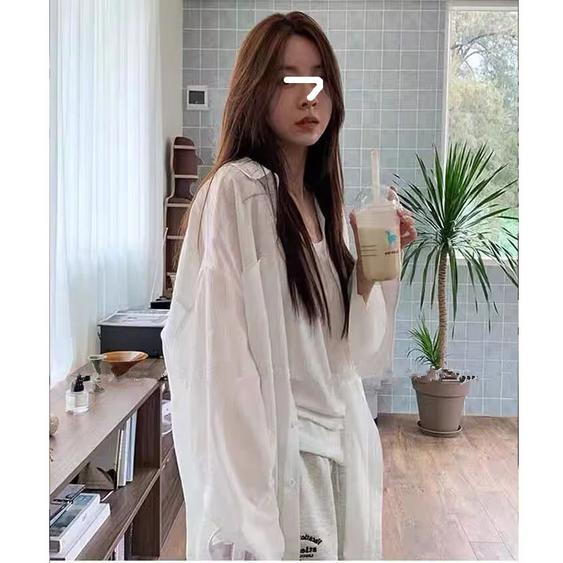 白色长袖衬衫女春夏季轻薄款微透宽松百搭慵懒风防晒衬衣外套上衣