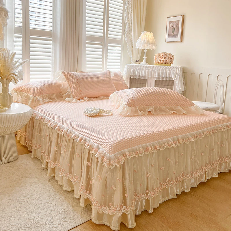 公主风蕾丝床裙款凉感豆豆冰丝凉席三件套可机洗夏季空调软席夏天