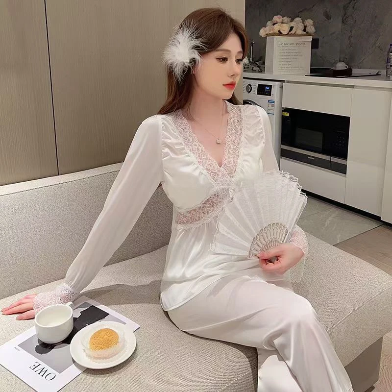 性感纯欲风冰丝长袖睡衣女士四季蕾丝绸2025新款高级家居服套装