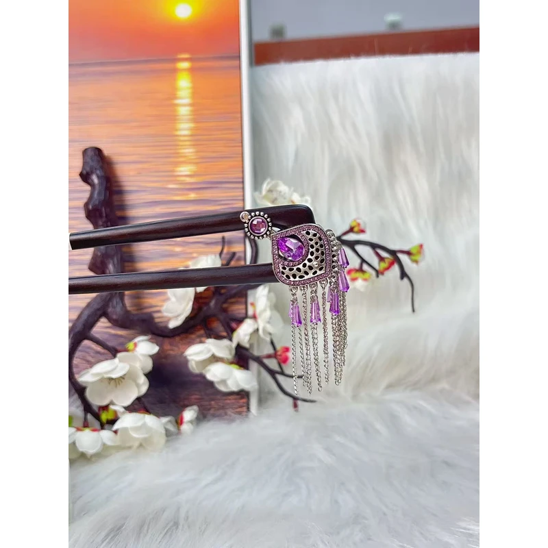 炑歌K428原创双钗紫色流苏时尚百搭款15公分发簪