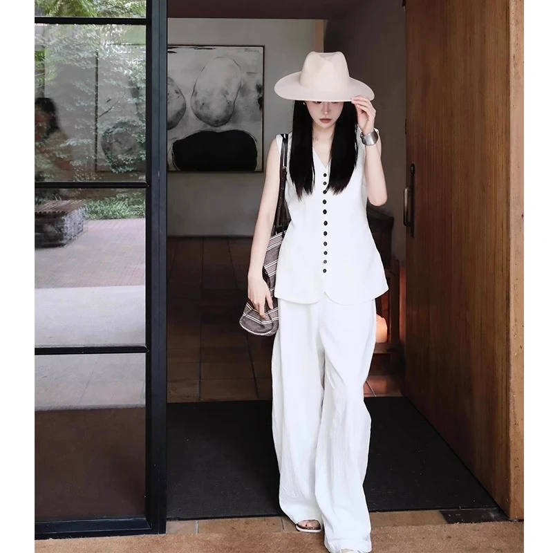 白色棉麻马甲套装女2025夏新款简约慵懒V领无袖背心阔腿裤两件套
