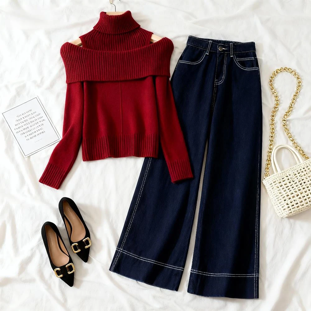2025秋冬新款韩系轻奢时髦高端一整套红色显瘦氛围感针织衫牛仔裤