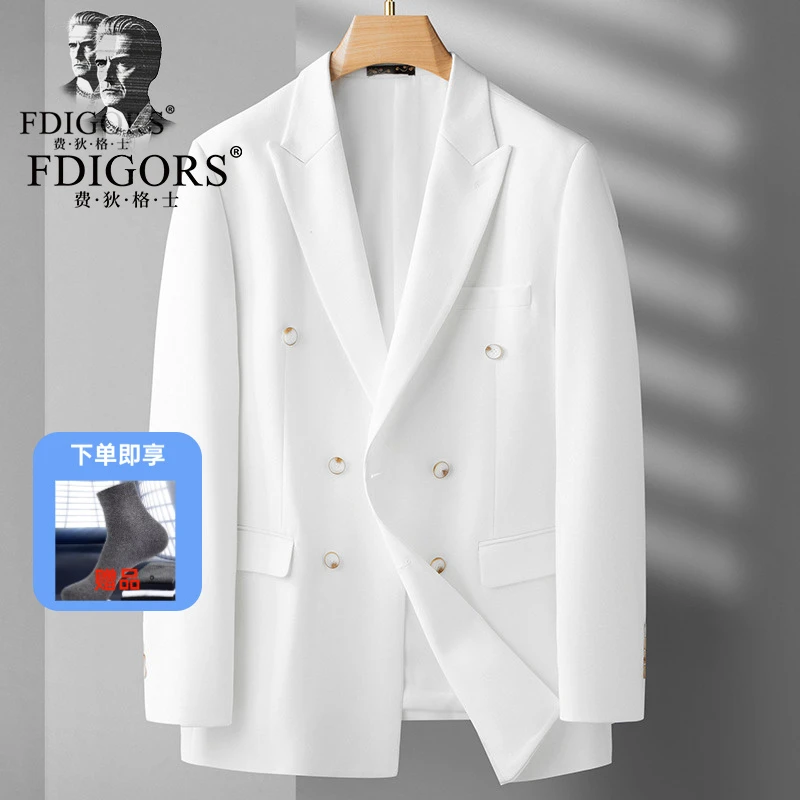 FDIGORS西服男双排扣白色春秋季英伦帅气休闲外套上衣