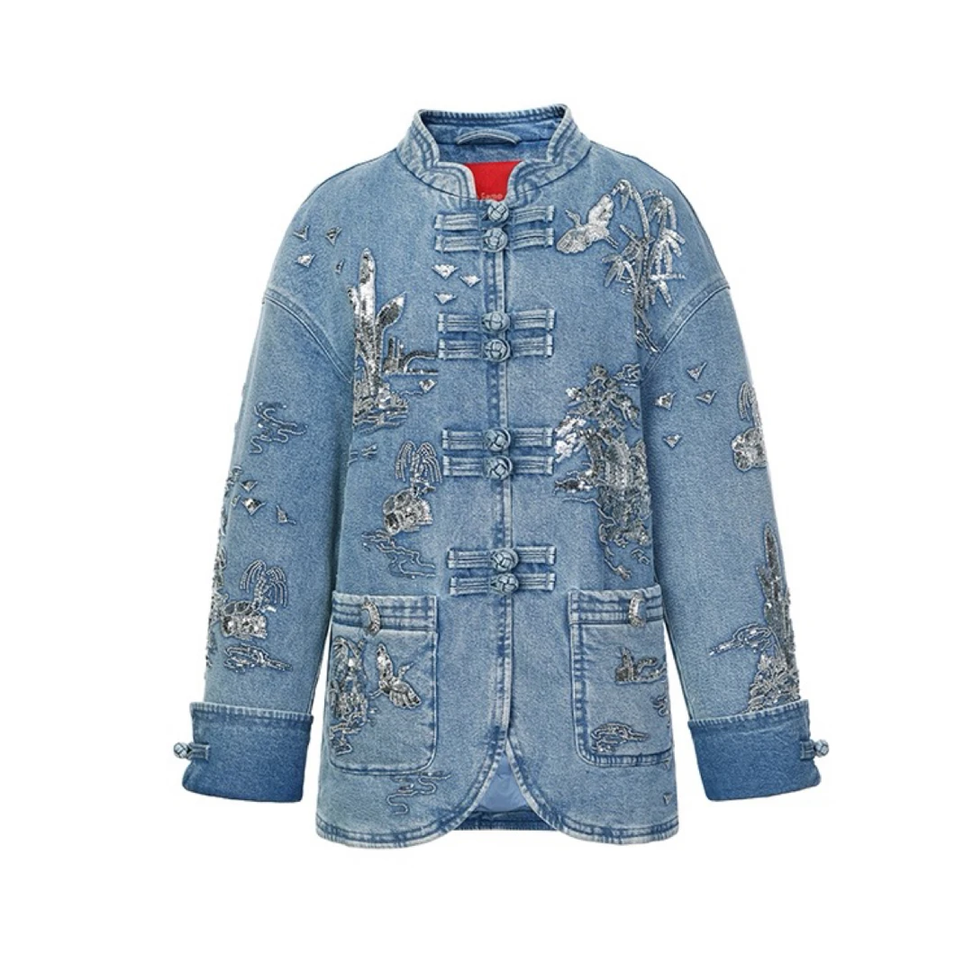 LeFame/拉飞姆冬季中式亭台楼阁牛仔羽绒服外套女LF24D31DC103